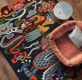 loomBloom Navy 3x5 Pictorial Transitional Chinese Art Deco Dragon and Phoenix Hand Tufted Wool Oriental Area Rug